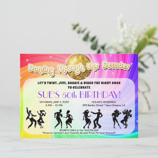 Het dansen door de Decennia Uitnodigingen, Decades Kaart (Staand voorkant)