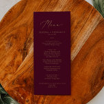 Het Delicate Gold- en Burgundy Weddenrenmenu Menu<br><div class="desc">Dit delicate goud- en bruinkoolfeest-menu is perfect voor een moderne bruiloft. Het romantische minimalistische design is voorzien van een mooie en elegante gouden gele champagne-typografie op een roodbruine achtergrond met een schone en eenvoudige look. Dit menu kan voor een trouwreceptie, een repetitief diner, of om het even welke gebeurtenis worden...</div>