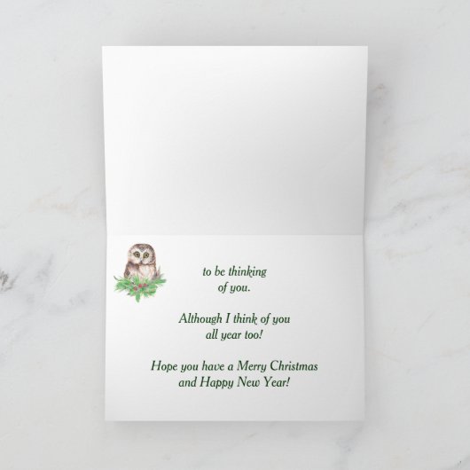 Het denken aan u de Leuke Uil van de Waterverf Feestdagen Kaart (Binnen)