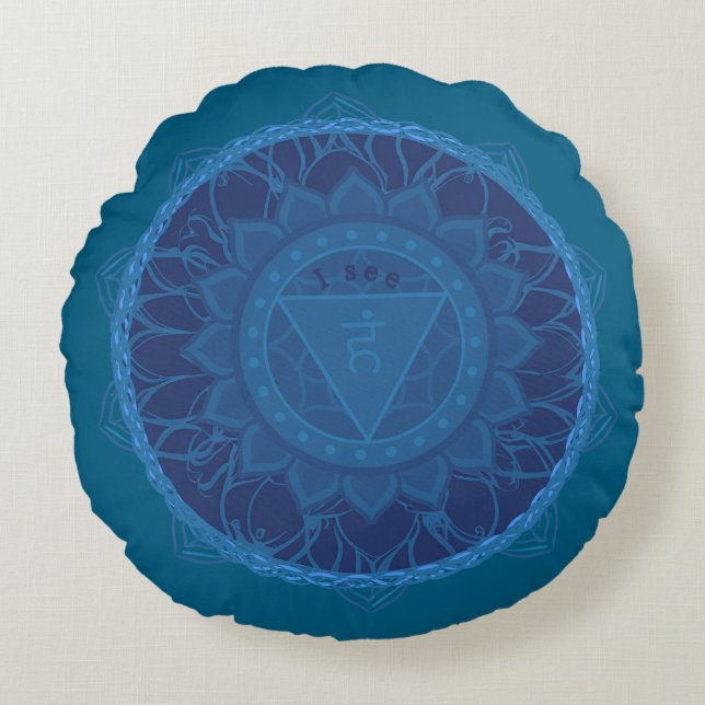Het derde oog chakra Mandala Ajna blauw Rond Kussen (Voorkant)