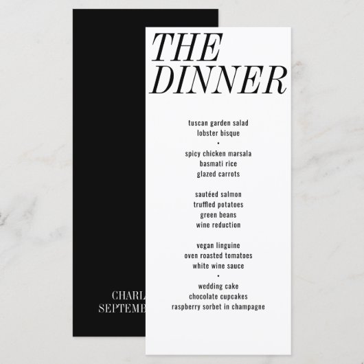 Het diner Unieke Zwart Wit Typografie Bruiloft Menu (Voorkant / Achterkant)