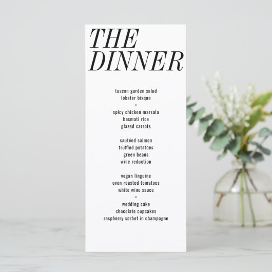 Het diner Unieke Zwart Wit Typografie Bruiloft Menu (Staand voorkant)