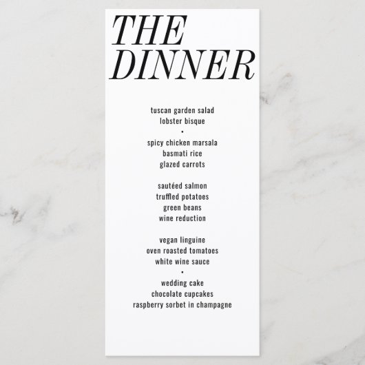 Het diner Unieke Zwart Wit Typografie Bruiloft Menu (Voorkant)