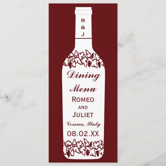 Het Dineren van het Huwelijk van de wijngaard Menu (Voorkant)