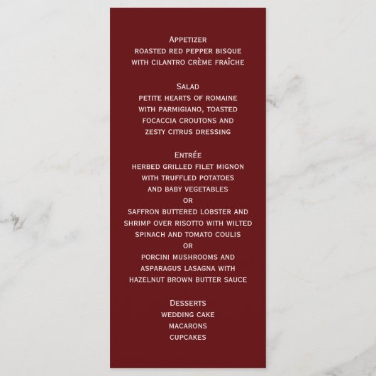 Het Dineren van het Huwelijk van de wijngaard Menu (Achterkant)