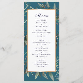 Het dinermenu blauwgroen bladgoud lijst elegant programmakaart