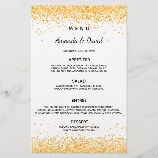 Het dinermenu van de bruiloft witte gouden confett flyer (Voorkant)