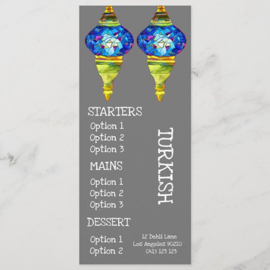 Het dinermenu van het Turkse keukenrestaurant Menu (Voorkant)