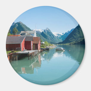 Het dorp Fjærland en een fjord-ronde magneet