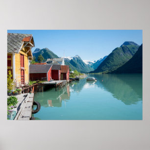 Het dorp Fjærland, fjord in Noorwegen poster