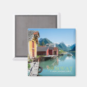 Het dorp Fjærland, Noorwegen vierkante tekst magne Magneet (Voorkant / Achterkant)