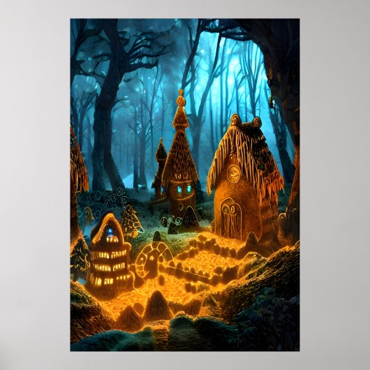 Het dorp Gingerbrood in het donkere bos | AI Art. Poster (Voorkant)