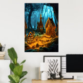Het dorp Gingerbrood in het donkere bos | AI Art. Poster (Thuiskantoor)