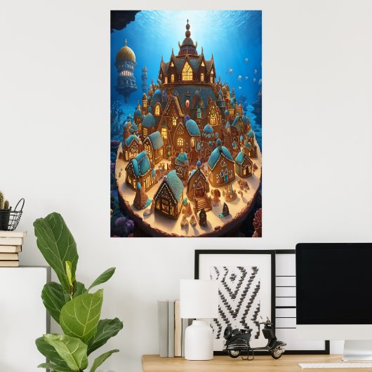 Het dorp Gingerbrood onder het zee | AI Art. Poster (Thuiskantoor)