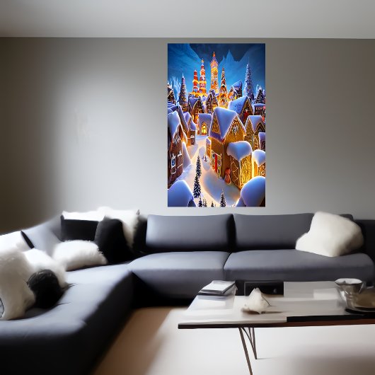Het dorpje Gingerbrood in de sneeuw | AI Art Poste Poster