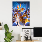 Het dorpje Gingerbrood in de sneeuw | AI Art Poste Poster (Thuiskantoor)