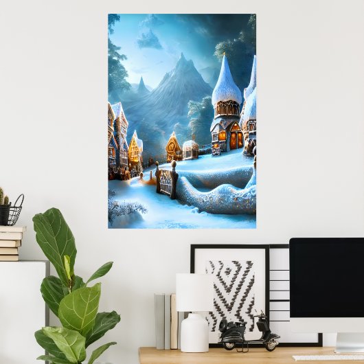 Het dorpje Gingerbrood in de sneeuw | AI Art. Poster (Thuiskantoor)