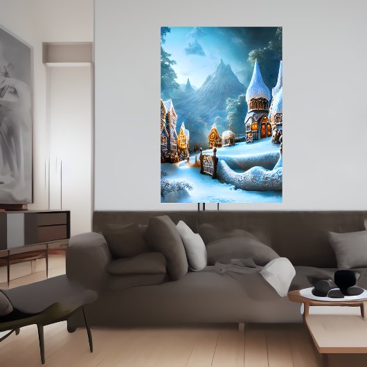 Het dorpje Gingerbrood in de sneeuw | AI Art. Poster