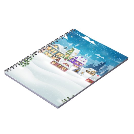Het dorpslandschap in de winter met sneeuw bedekt notitieboek (Linkerzijde)