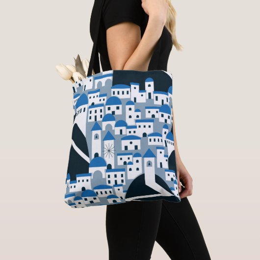 Het dorpspatroon Santorini in wit en blauw Tote Bag (Dichtbij)