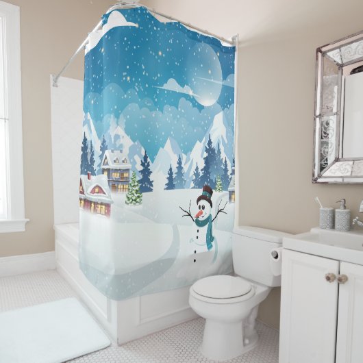 Het dorpswinterlandschap met sneeuw bedekt douchegordijn (In situ)