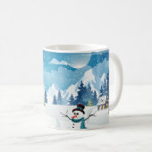 Het dorpswinterlandschap met sneeuw bedekt koffiemok (Voorkant rechts)