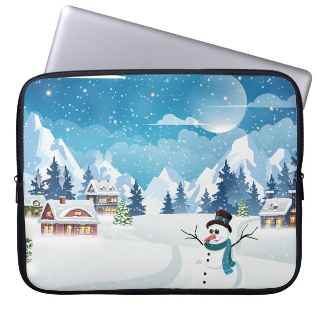 Het dorpswinterlandschap met sneeuw bedekt laptop sleeve (Voorkant)