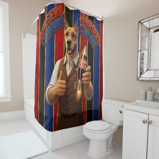 Het douchegordijn van Mr. Chum./Chal Cola badkamer (In situ)
