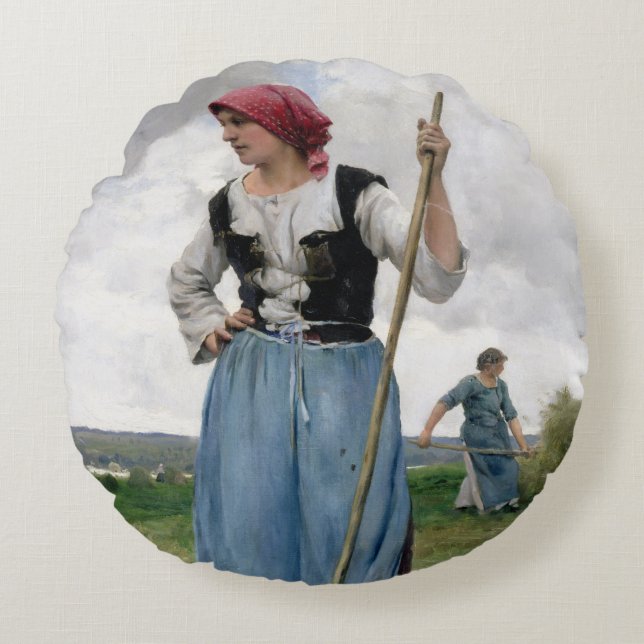 Het draaien van de Hay (olie op canvas) Rond Kussen (Voorkant)