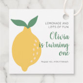 Het draaien van een gele citroen 1e verjaardag bedankjes labels (Achterkant)