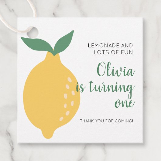 Het draaien van een gele citroen 1e verjaardag bedankjes labels (Voorkant)