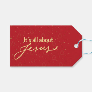 Het draait allemaal om Jezus – Rood & Goud Kerstmi Cadeaulabel