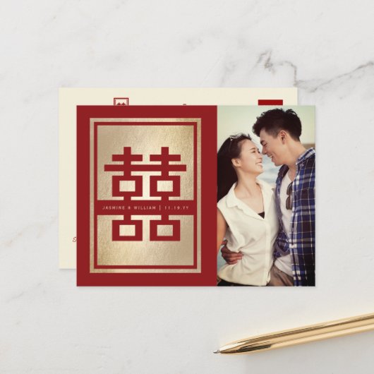 Het dubbele Wedden van het Geluk sparen het Briefk Aankondigingskaart (Voorkant / Achterkant in situ)