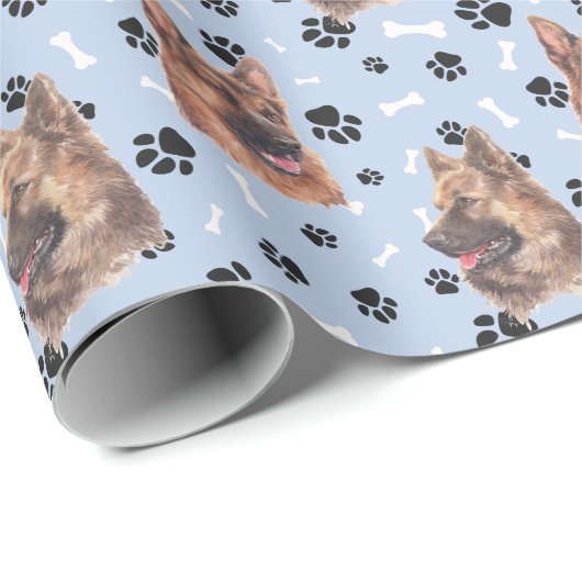 Het Duitse herderdehond Pattern op Silver Blue Cadeaupapier (Rol Hoek)