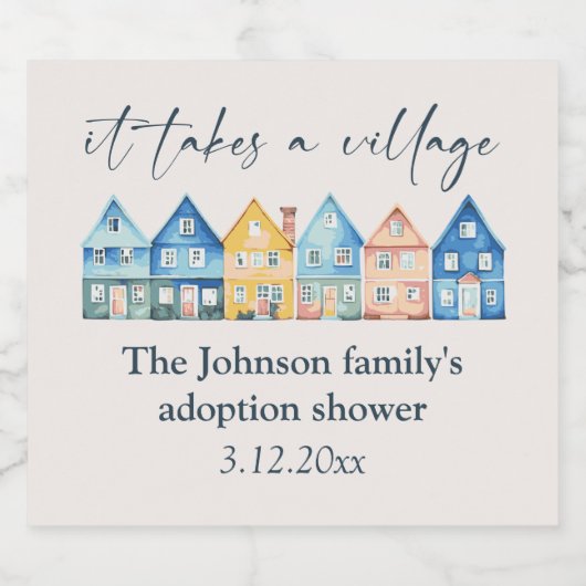 "Het duurt een dorp" Adoptie / Foster Douche Sparkling Wijnetiket (Enkel label)