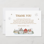 Het duurt een dorp besneeuwde baby shower bedankkaart (Voorkant)