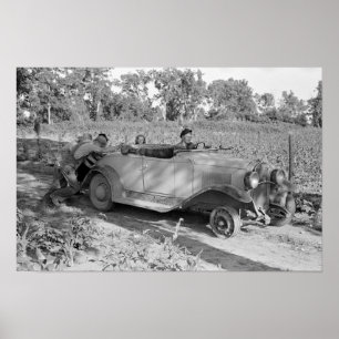 Het duwen van een auto, 1939.  foto poster