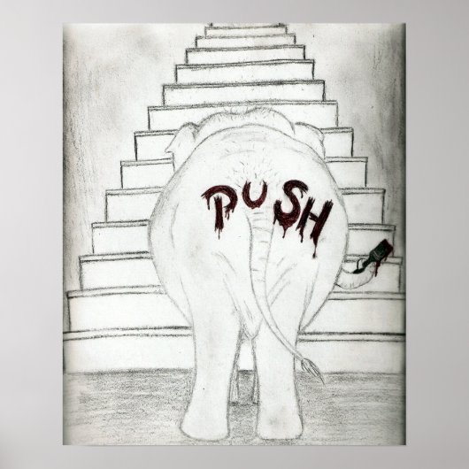Het duwen van een olifant omhoog de Stairs Poster (Voorkant)