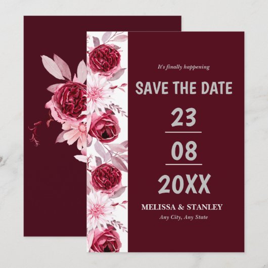 Het eenvoudige Manuscript van Floral roze Bourgogn Save The Date (Voorkant / Achterkant)