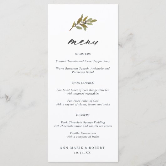 Het eenvoudige Olive Branch Calligraphy Wedding Me Menu (Voorkant)