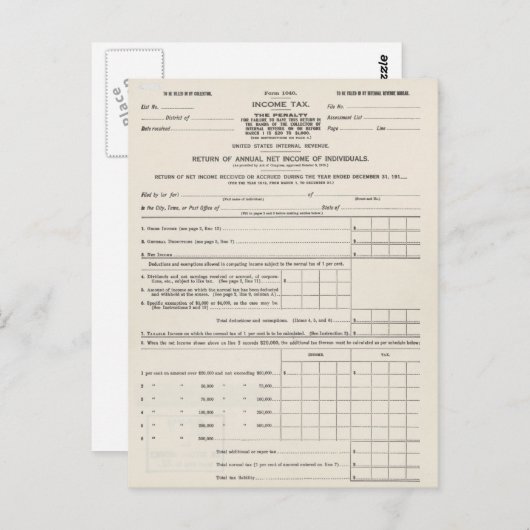 Het eerste Briefkaart van het Amerikaanse inkomste (Voorkant / Achterkant)