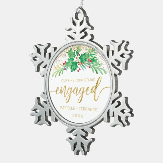 Het eerste kerstcadeautje met Gold Glitter Script  Tin Sneeuwvlok Ornament (Rechts)