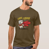 Het eerste ontwerp van de koffiesuperheld Morning T-shirt (Voorkant)