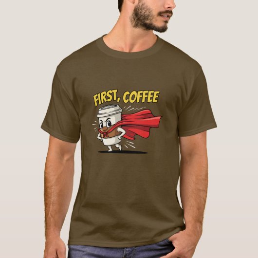 Het eerste ontwerp van de koffiesuperheld Morning  T-shirt (Voorkant)