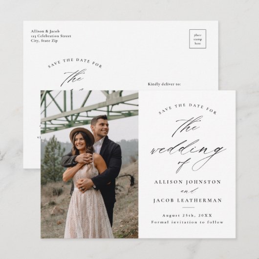 Het Elegant de Foto van het Manuscript Wedden spar Aankondigingskaart (Voorkant / Achterkant)