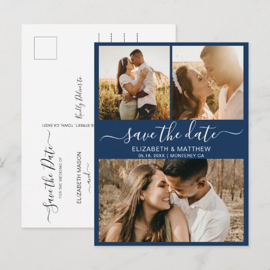 Het Elegant Manuscript Navy- Foto- Begroting spare Aankondigingskaart (Voorkant / Achterkant)