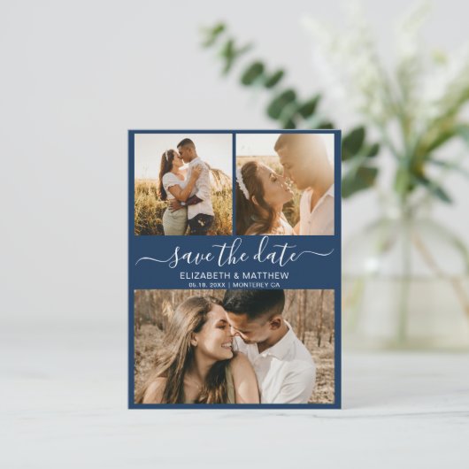 Het Elegant Manuscript Navy- Foto- Begroting spare Aankondigingskaart (Staand voorkant)