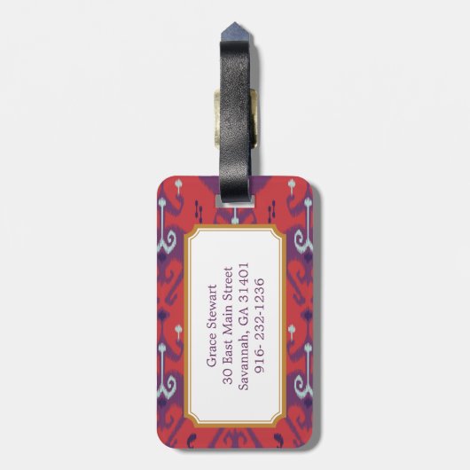 Het elegante girly rode monogram van het ikat bagagelabel (Achterkant verticaal)