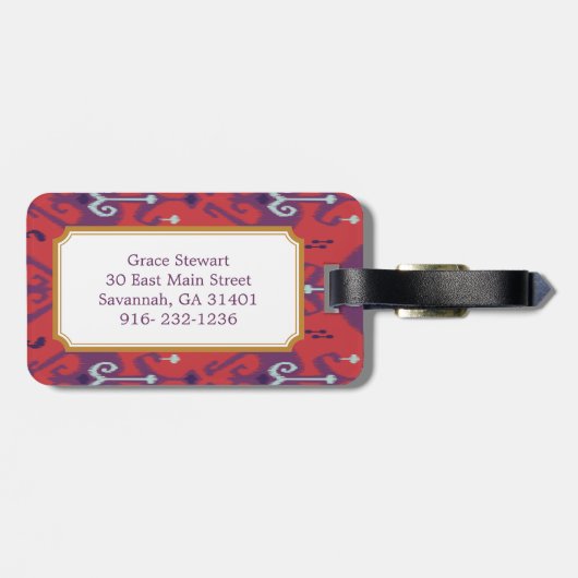 Het elegante girly rode monogram van het ikat bagagelabel (Achterkant horizontaal)