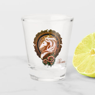 Het elegante paardenhoofd versierd met bloemen. shot glas